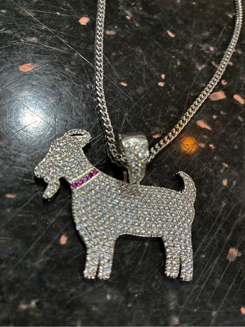 Moissanite Silver Crystal Goat Pendant Necklace with Pink Collar Accent